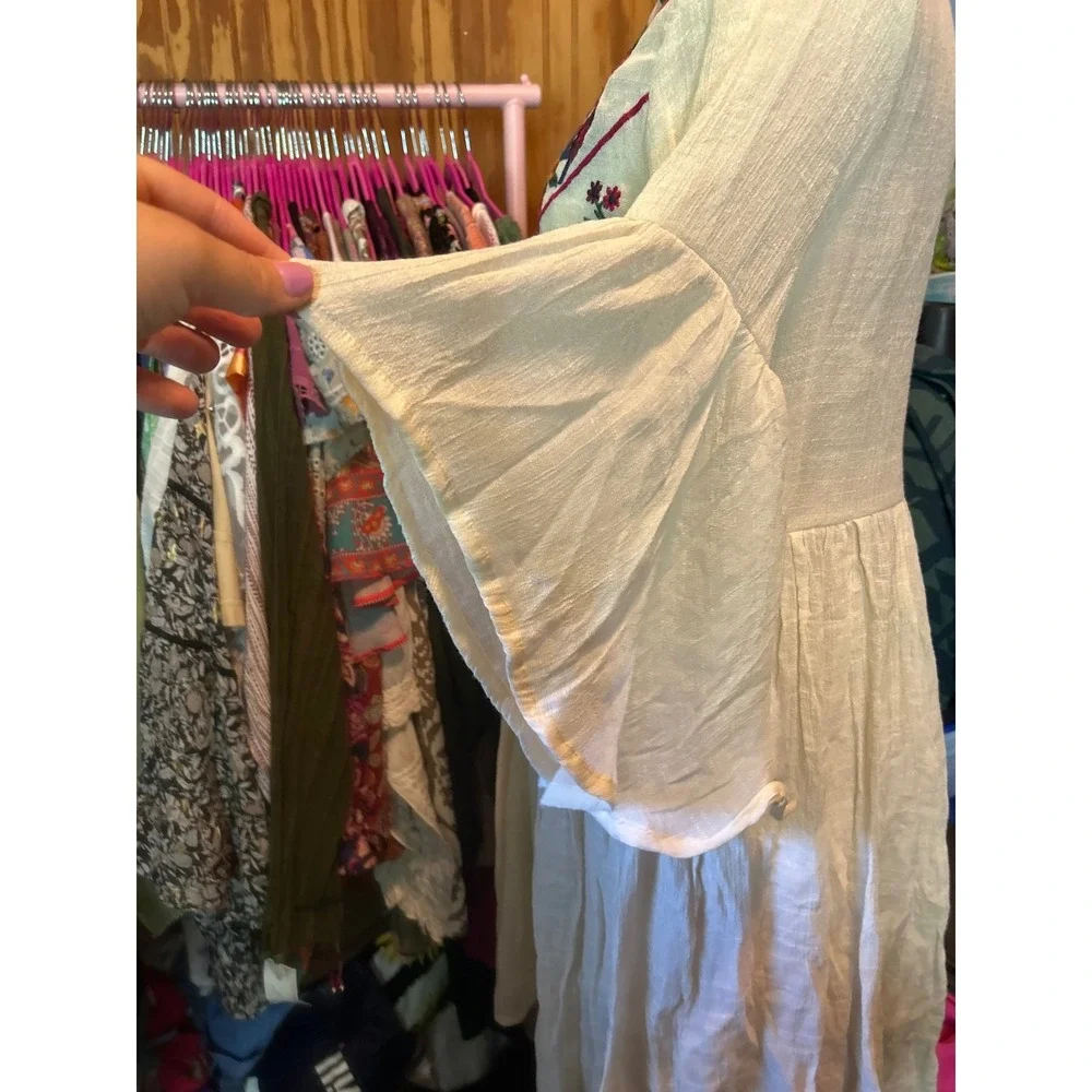 Umgee Boho Floral Embroidered‎ Bell Sleeve Mini Dress Cream Ivory Babydoll Sz S
